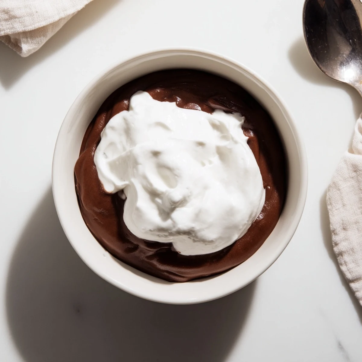 Creamy chocolate pudding with whipped cream served in a glass dessert dish, topped with a soft dollop and cocoa dusting.  
