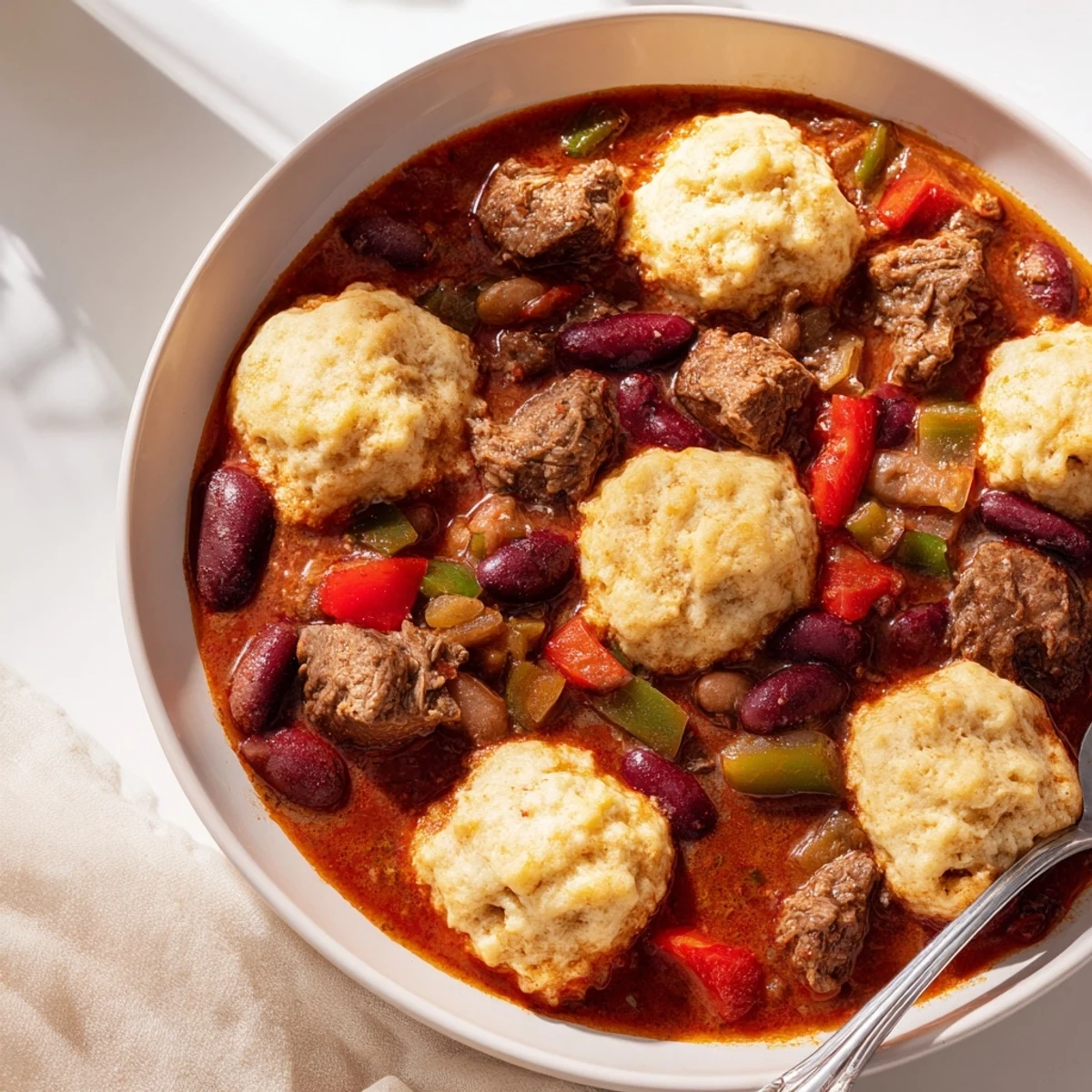 A close-up of beef chili with cornbread dumplings, showcasing tender meat chunks and fluffy golden dumplings in a rich, hearty stew.