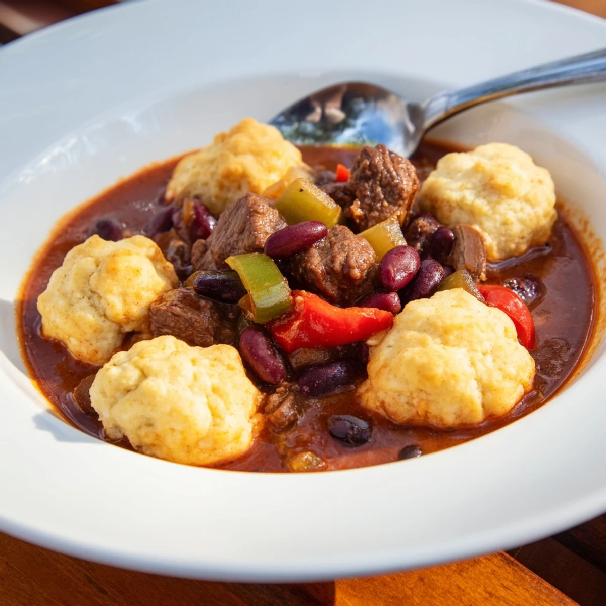 Visual description of beef chili with cornbread dumplings, featuring a spoon lifting a savory serving from the pot, steam rising.