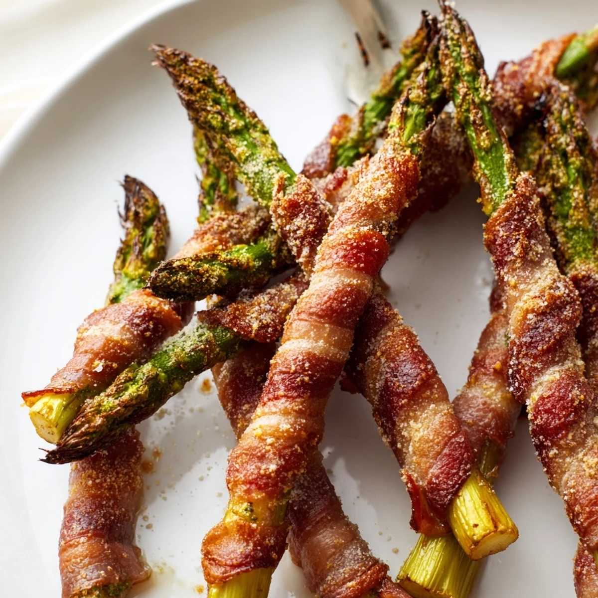 Crispy Beef Bacon Wrapped Asparagus Bundles roasted to perfection, featuring tender spears wrapped in savory, smoky beef bacon.