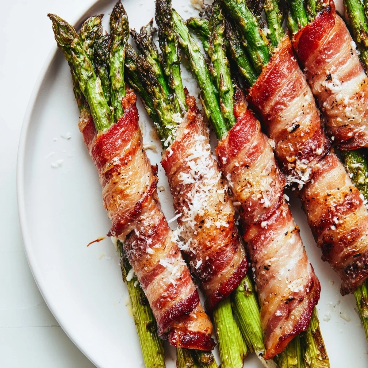 Golden-brown Crispy Beef Bacon Wrapped Asparagus Bundles on a platter, perfect for a gluten-free appetizer or side dish.