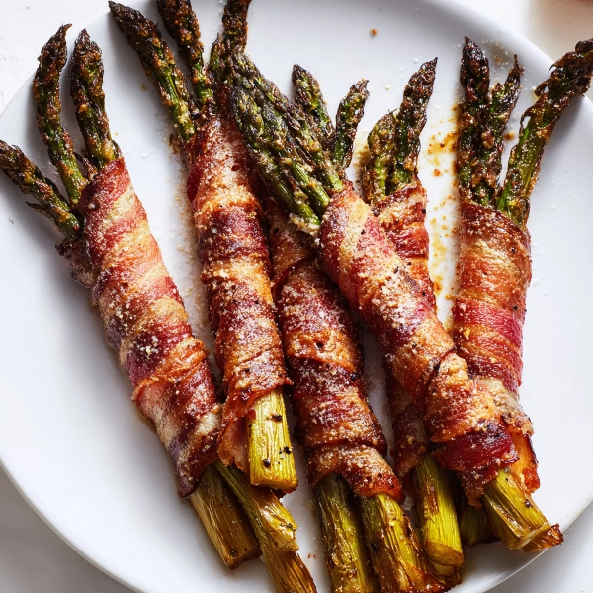 Tender asparagus spears wrapped in beef bacon, served warm with optional Parmesan, creating a flavorful and easy-to-make appetizer.