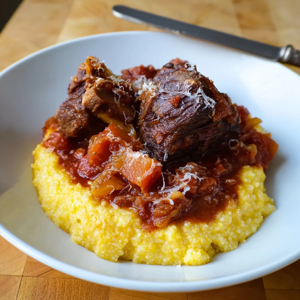 Slow-braised beef short ribs glisten in a rich red wine sauce over creamy, buttery polenta in this comforting Italian-inspired dish.