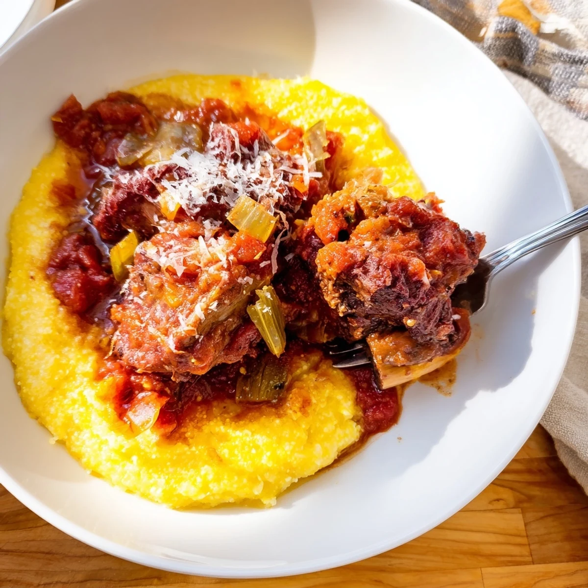 Golden, fork-tender beef short ribs rest atop a warm bowl of cheesy polenta, garnished with fresh thyme and rosemary.