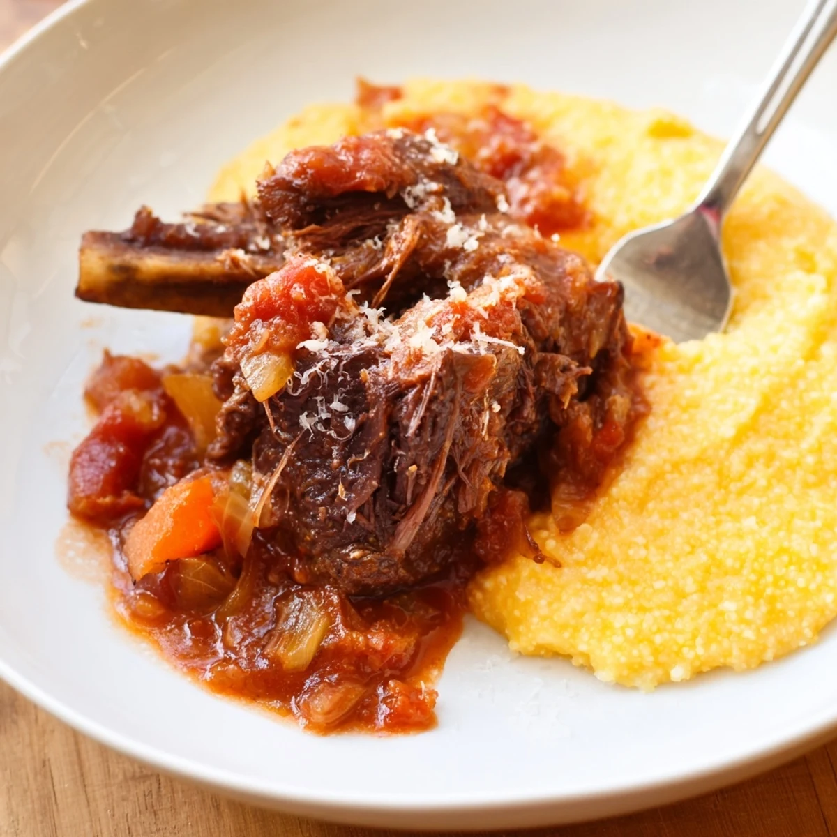 Fork-tender short ribs in a savory red wine reduction are spooned over creamy, Parmesan-infused polenta in this hearty meal.