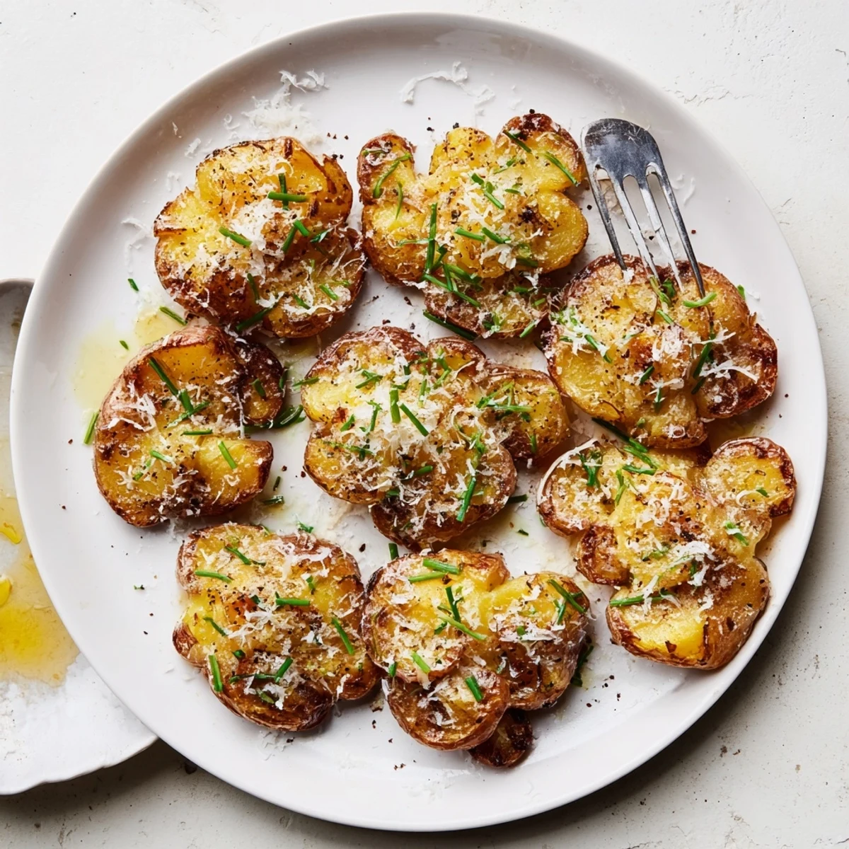 Golden, crispy smashed potatoes topped with melted Parmesan and fresh chives, served as a savory vegetarian side dish.