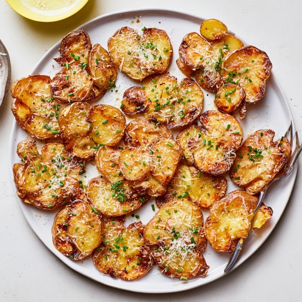Oven-roasted smashed potatoes, fluffy inside and crunchy edges, garnished with chopped chives for a fresh finish.