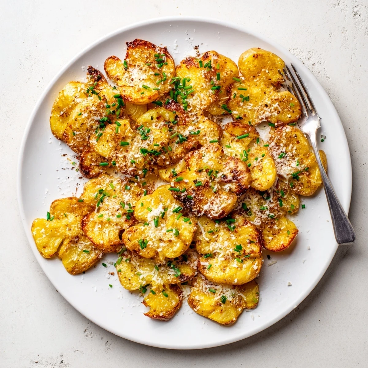 A rustic platter of Garlic Parmesan Smashed Potatoes with Chives, glistening with olive oil and garlic butter.
