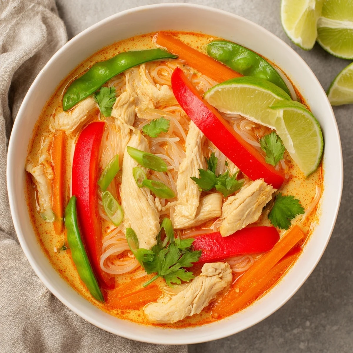 Creamy Thai Red Curry Noodle Soup with Chicken served steaming hot in a bowl with vibrant vegetables and cilantro garnish.