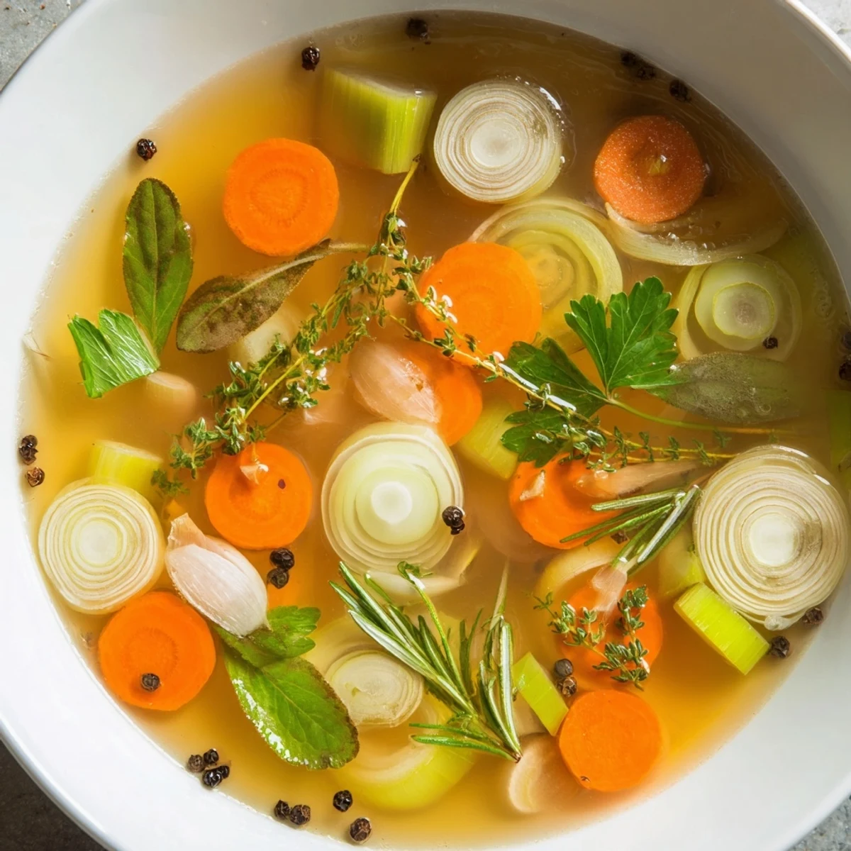 A clear glass bowl filled with steaming Homemade Vegetable Broth, garnished with fresh herbs and a lemon wedge.  
