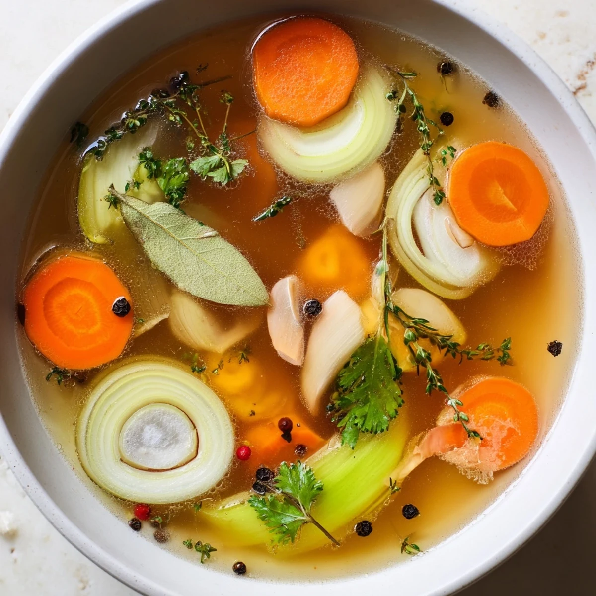 Rich, golden Homemade Vegetable Broth simmering in a pot with carrots, celery, onions, and aromatic bay leaves.