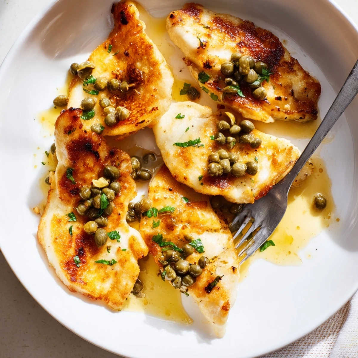 Tender chicken piccata in a bright lemon-caper sauce, served over linguine with lemon wedges.  