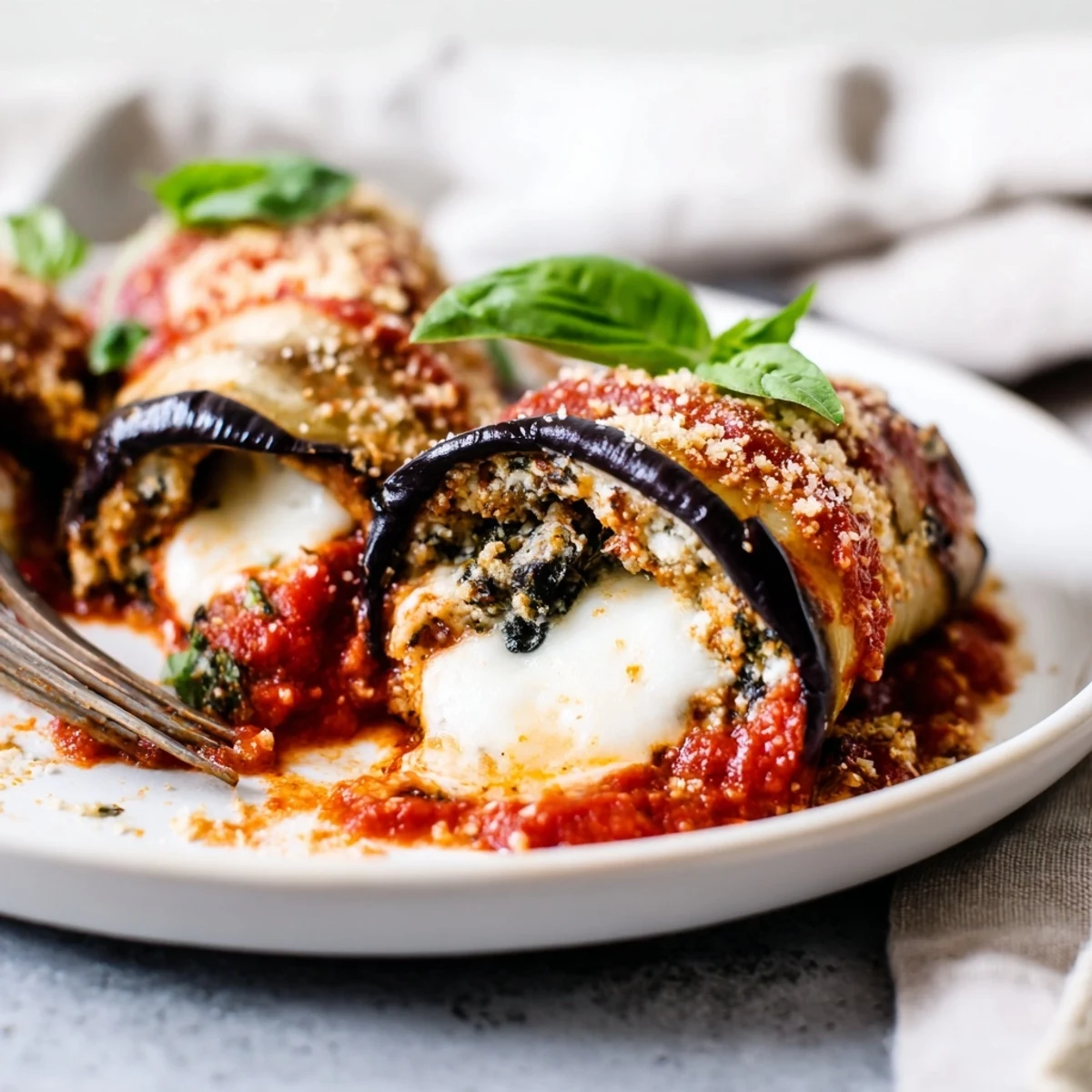 Golden-baked eggplant rollatini stuffed with creamy ricotta, bubbling with tomato sauce and melted mozzarella.