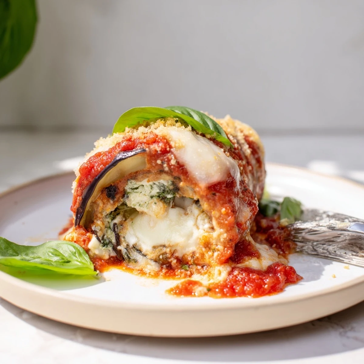 Freshly baked eggplant rollatini with golden cheese crust, rustic serving dish, comforting family-style dinner.