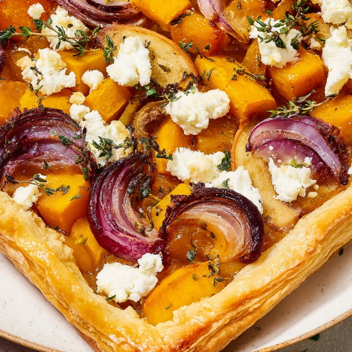 Golden-brown Roasted Butternut Squash and Apple Galette with caramelized vegetables and goat cheese on a flaky crust.  