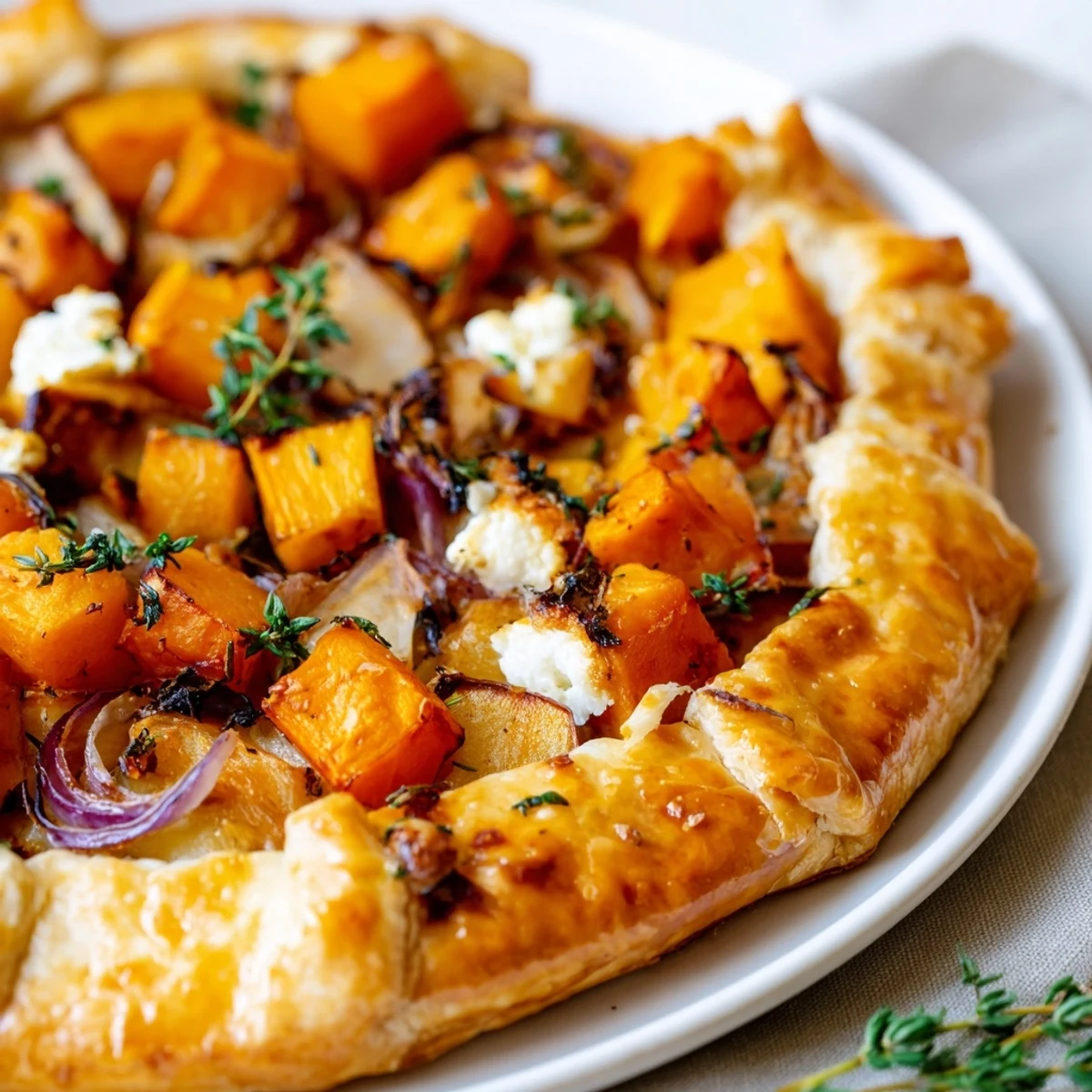 Savory Roasted Butternut Squash and Apple Galette with thyme, red onion, and crumbled goat cheese on a rustic table.  