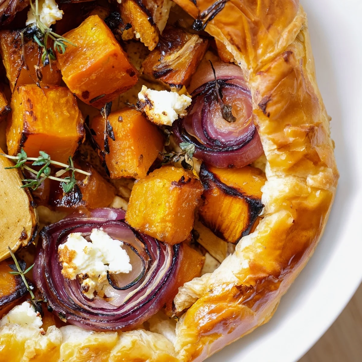 Warm slice of Roasted Butternut Squash and Apple Galette served with honey drizzle on a white ceramic plate.