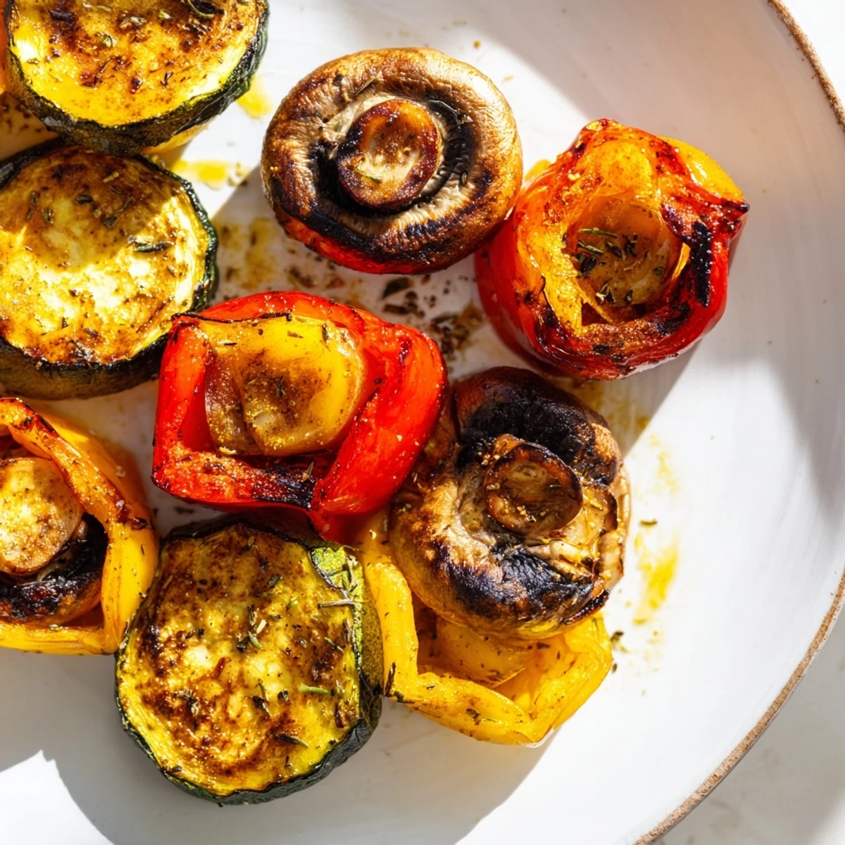 Colorful roasted veggies with Italian seasoning on a baking sheet, aromatic and caramelized, perfect for a vegetarian dinner or pasta topping.  