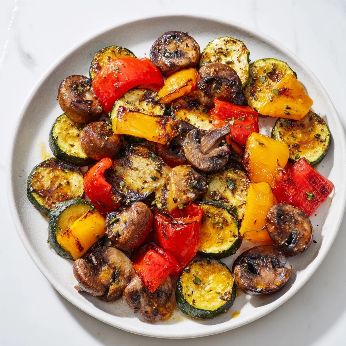 Golden-brown roasted veggies with Italian seasoning, featuring zucchini, peppers, and mushrooms, tossed with olive oil for a flavorful, vegan main.