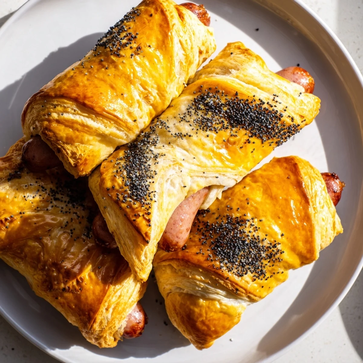 Golden, flaky Super Bowl Pigs in a Blanket with Beef Sausage arranged on a wooden serving board.