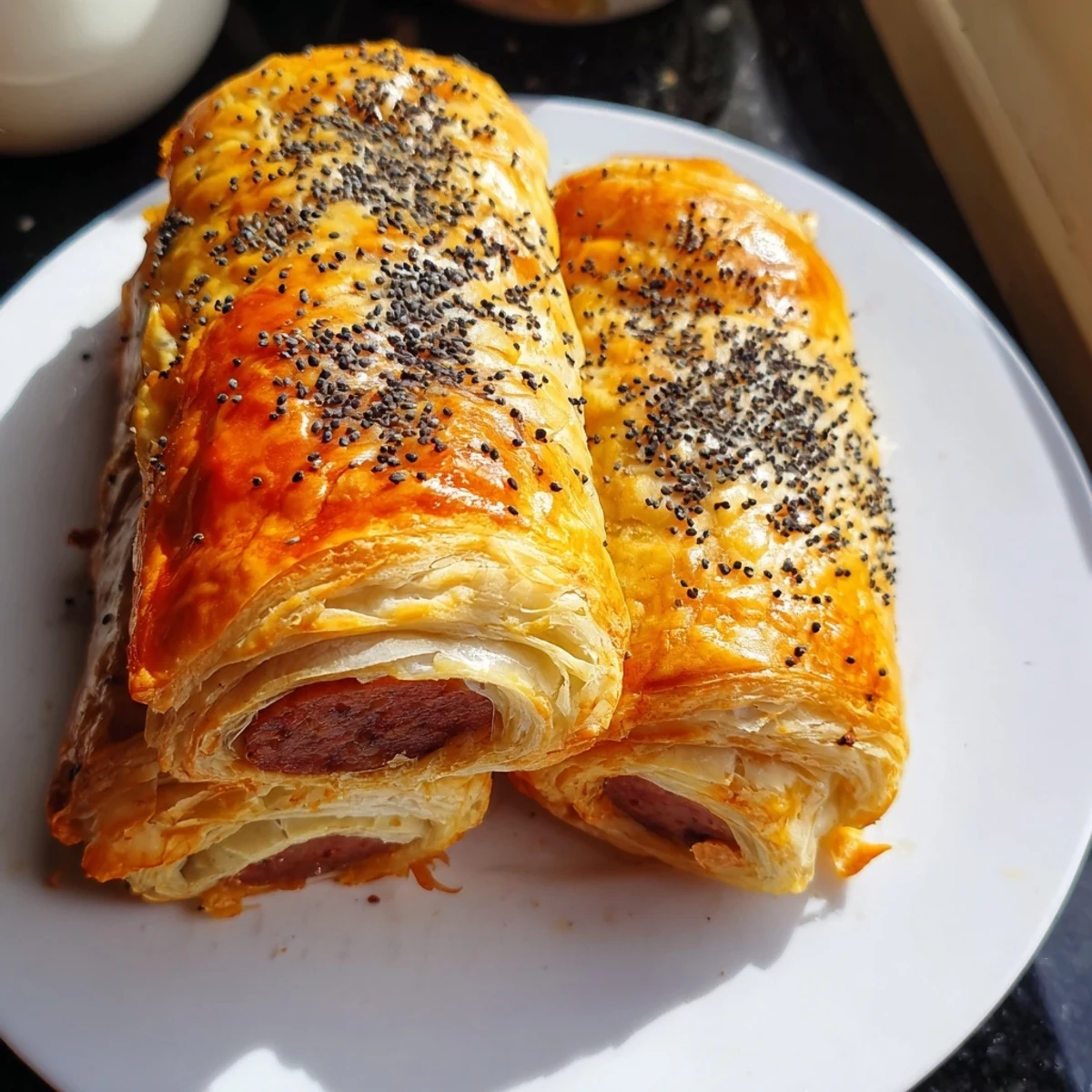 Six Super Bowl Pigs in a Blanket with Beef Sausage being dipped into a bowl of yellow mustard.