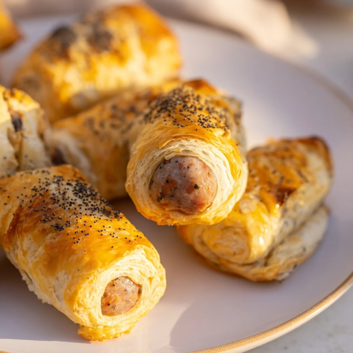 Freshly baked Super Bowl Pigs in a Blanket with Beef Sausage garnished with sesame seeds and served warm.
