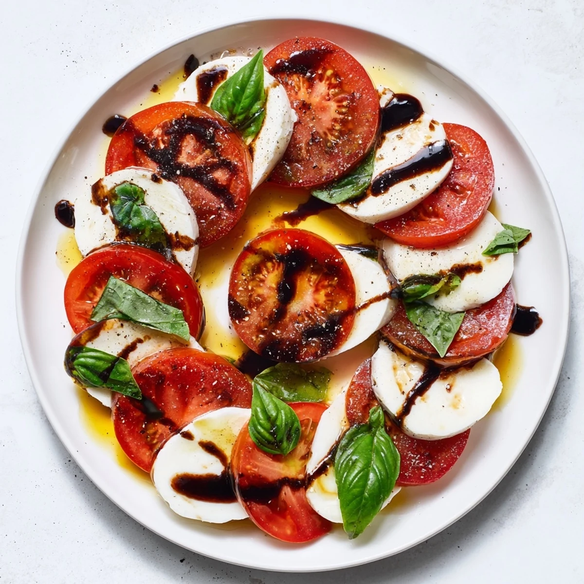 Fresh mozzarella hearts and sliced ripe tomatoes are arranged on a white plate, topped with basil and drizzled with balsamic glaze.