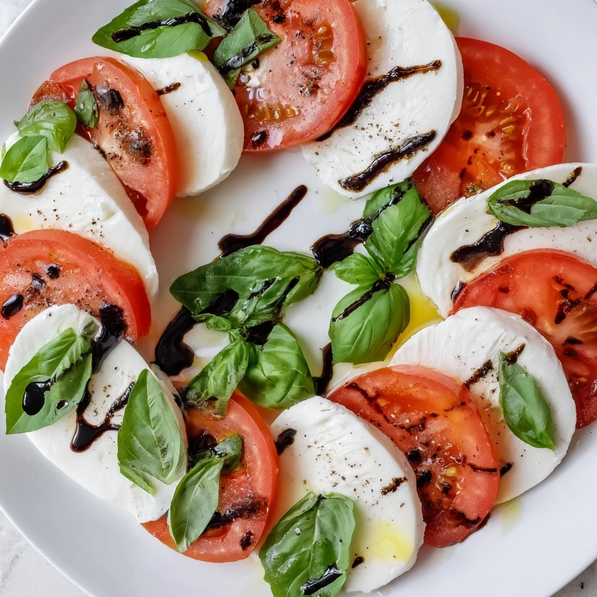 A romantic Valentine Caprese Salad with heart-shaped mozzarella, juicy tomato slices, and fresh basil leaves, finished with a balsamic glaze.