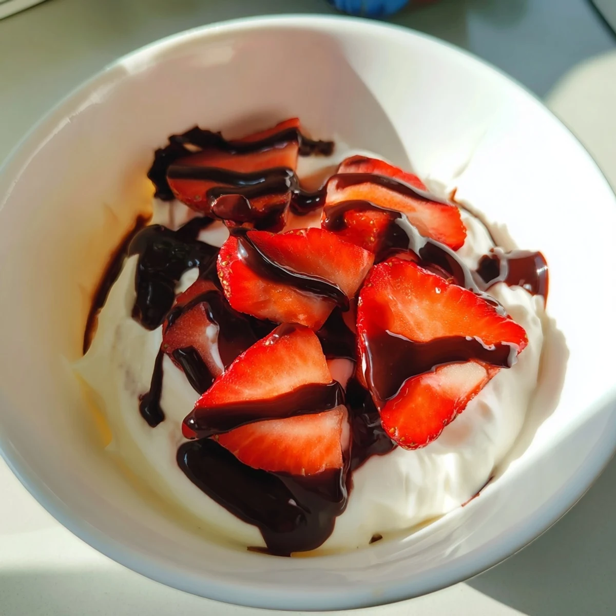 Bright red strawberries and rich chocolate sauce create a tempting dessert bowl, perfect for a healthy, high-protein snack.  