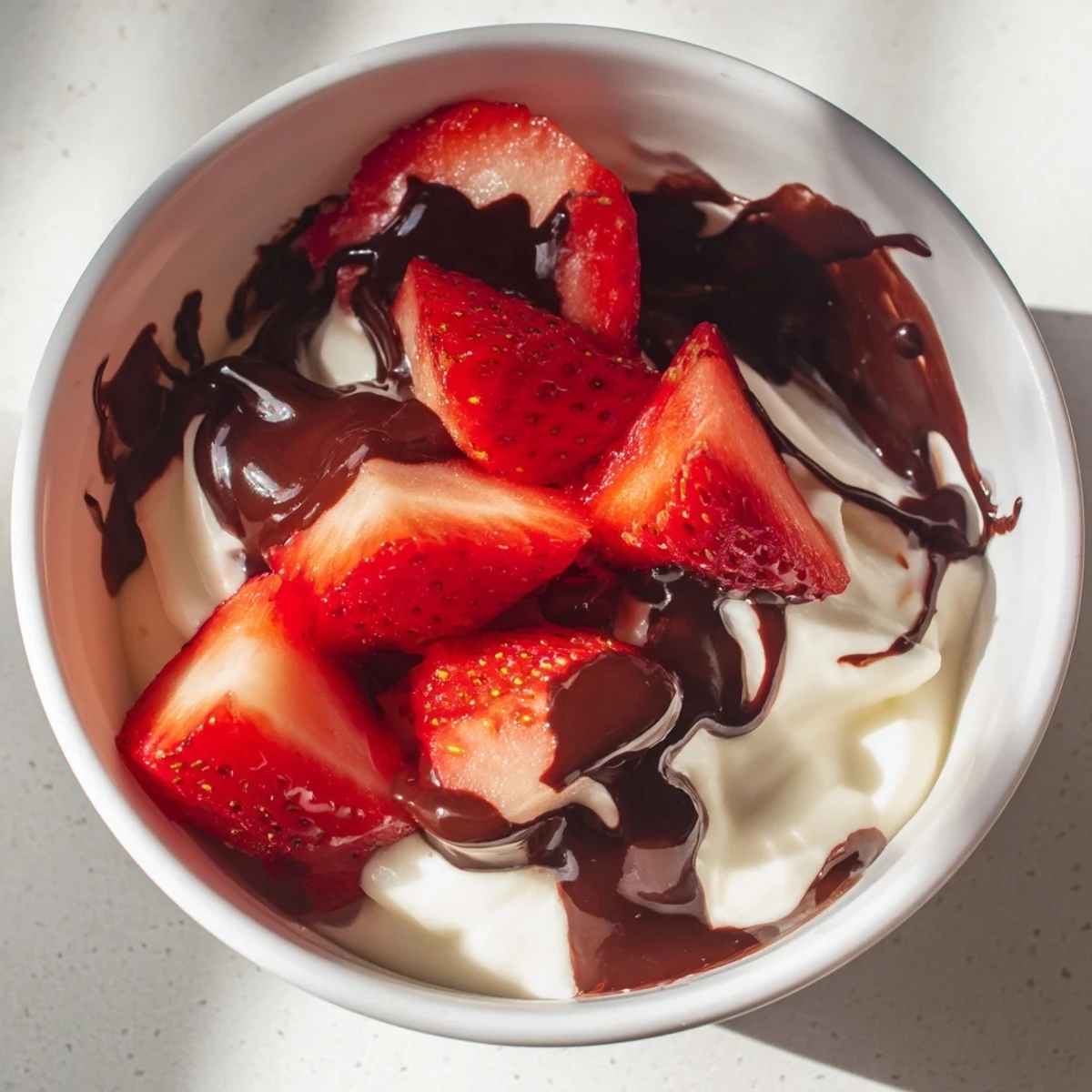 A close-up view of creamy Greek yogurt topped with fresh, sliced strawberries and a glossy drizzle of melted dark chocolate.  