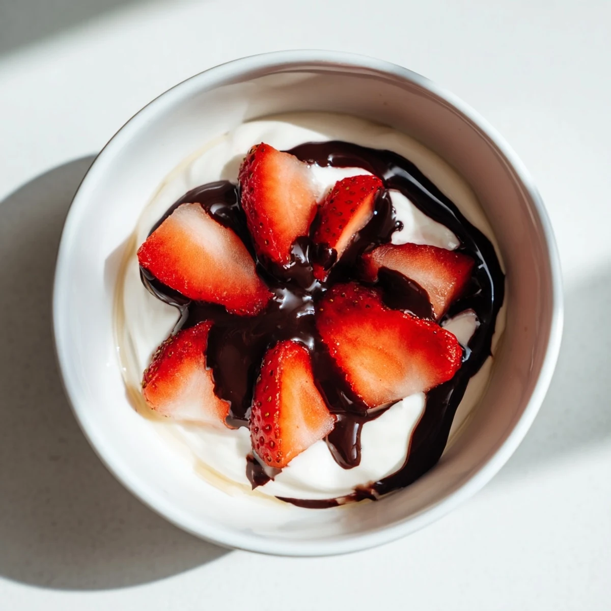 This easy 10-minute recipe features a deliciously layered dessert of Greek yogurt, ripe strawberries, and a decadent chocolate topping.