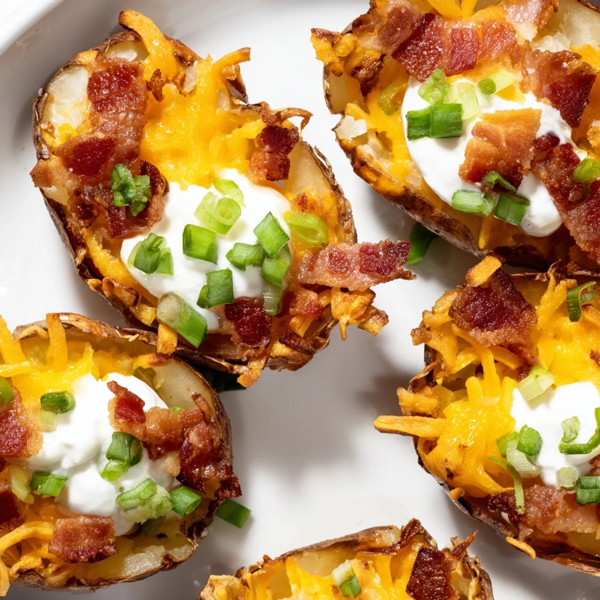 Crispy baked potato skins loaded with melted cheddar cheese, crumbled bacon, and fresh chives for a perfect game day appetizer.