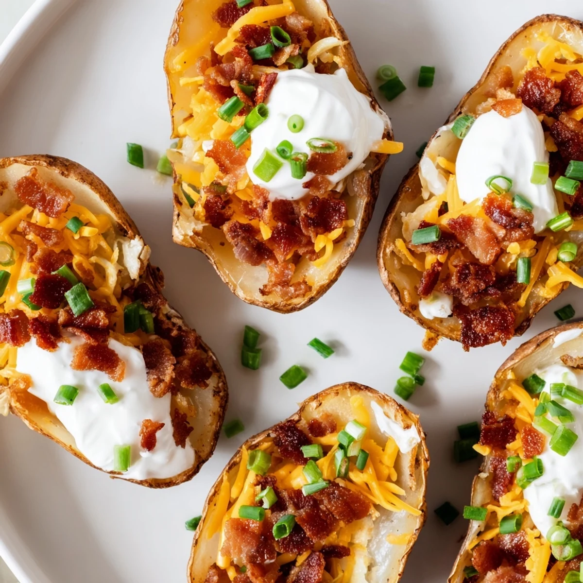 A close-up of golden-brown loaded potato skins topped with dollops of sour cream, green onions, and bubbling cheese.