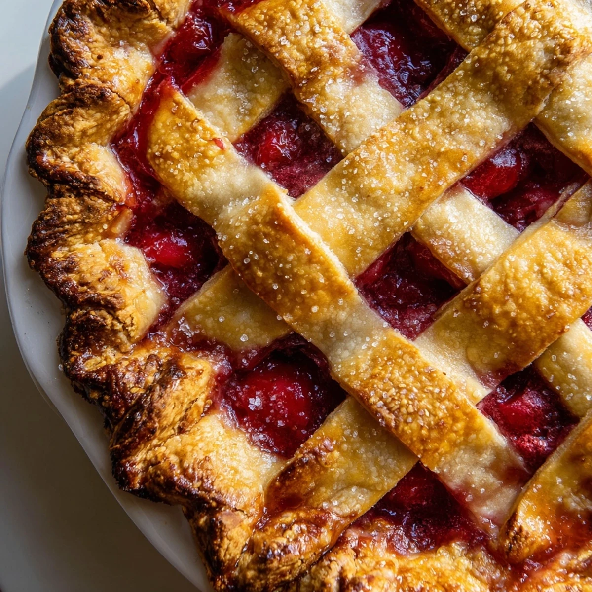 The finished Sweetheart Cherry Pie with a golden lattice crust sits ready to slice on a rustic wooden table.