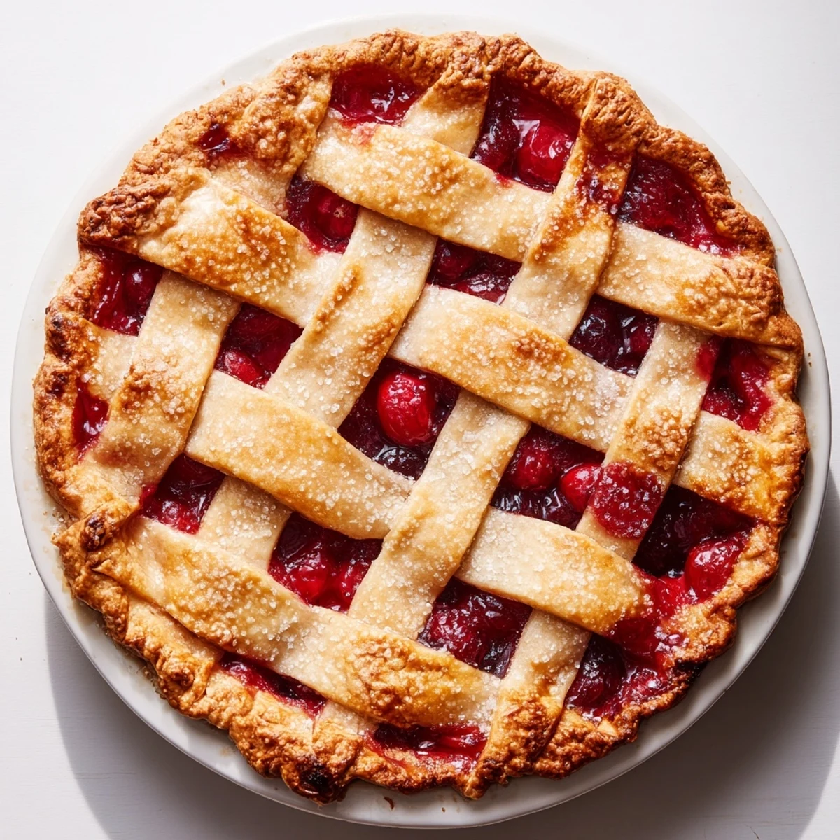 A close view of a Sweetheart Cherry Pie shows bubbling, jewel-toned filling peeking through the buttery lattice top.