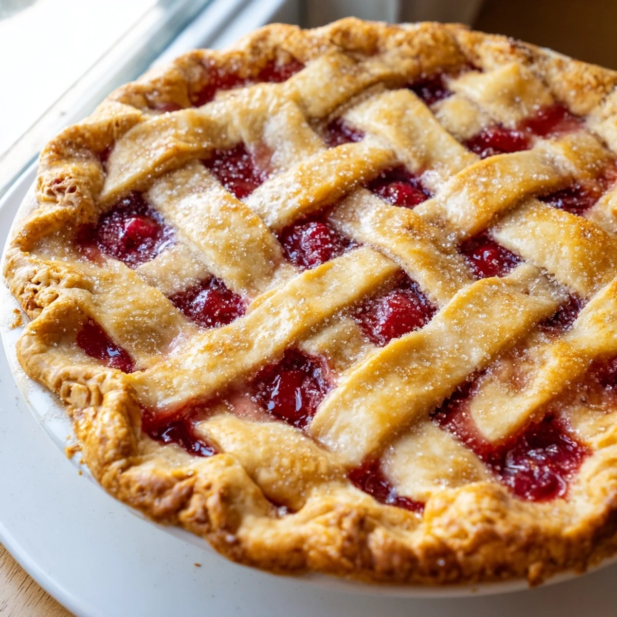 Freshly baked Sweetheart Cherry Pie rests on a cooling rack, its golden crust glistening with coarse sugar crystals.