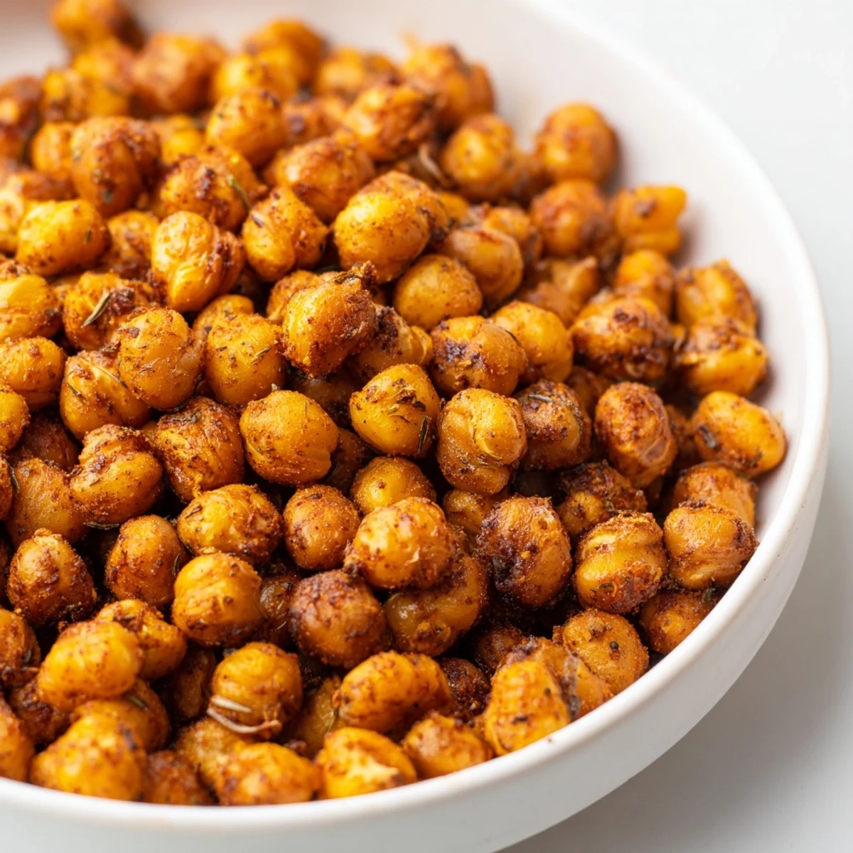 Close-up view of Cajun spiced roasted chickpeas reveals their crispy texture and vibrant, spice-infused coating for a healthy Southern-style appetizer.
