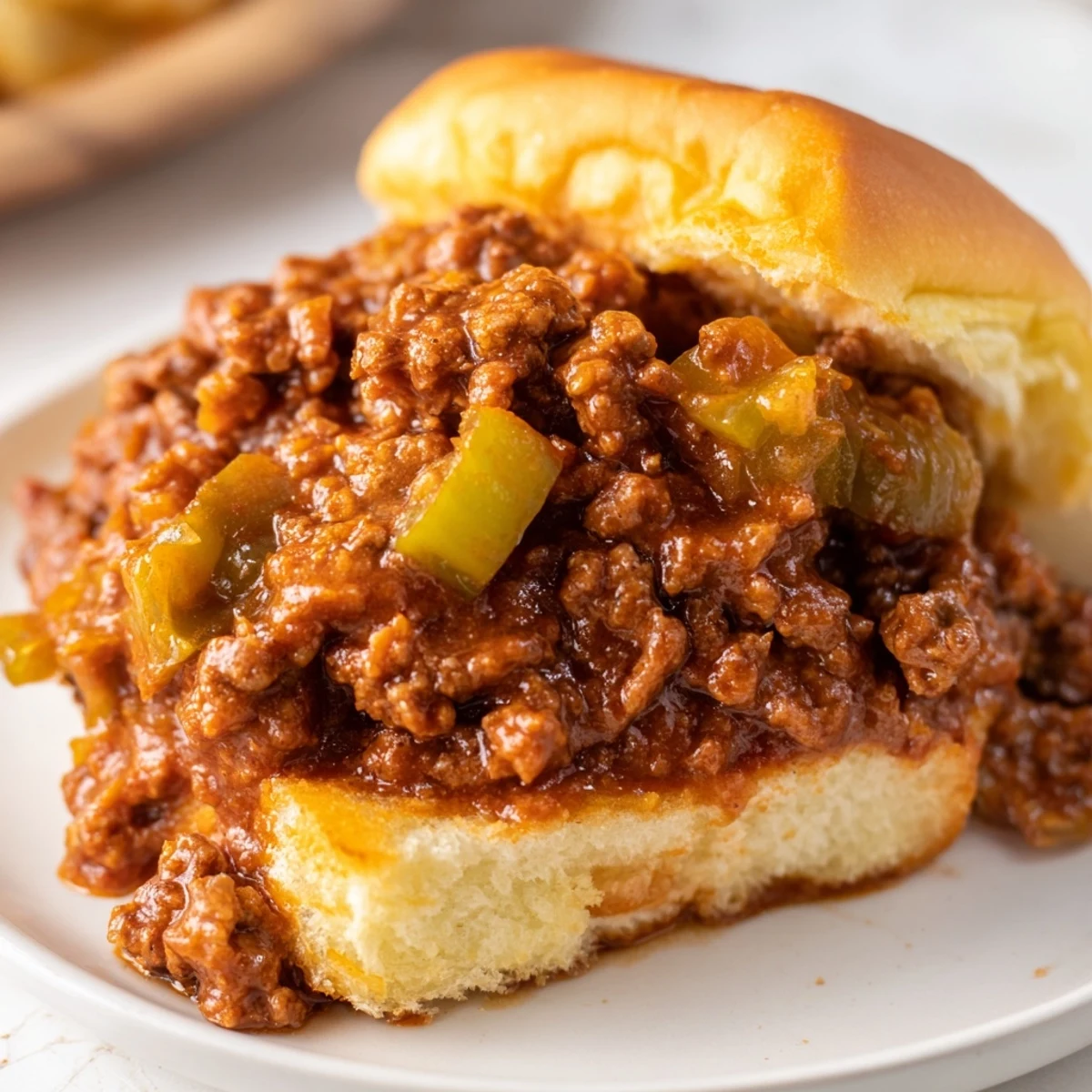 Golden-toasted burger buns piled high with saucy MVP Sloppy Joes, topped with melted butter for a savory comfort meal.