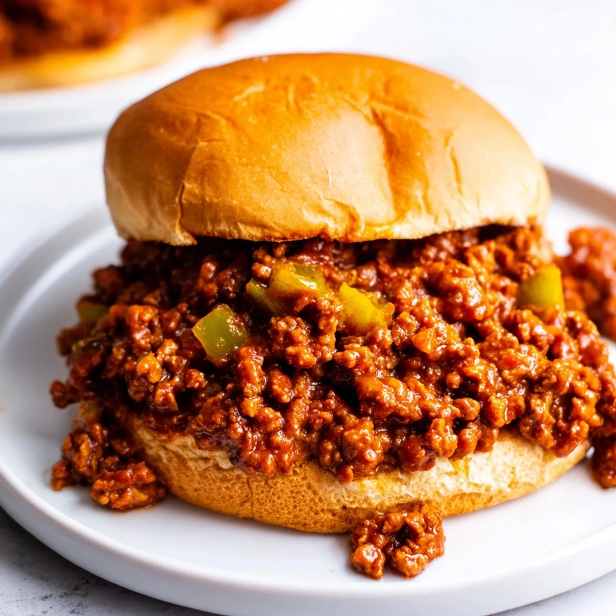 Close-up of juicy MVP Sloppy Joes spilling over a buttery toasted bun, served alongside coleslaw and crispy potato wedges.