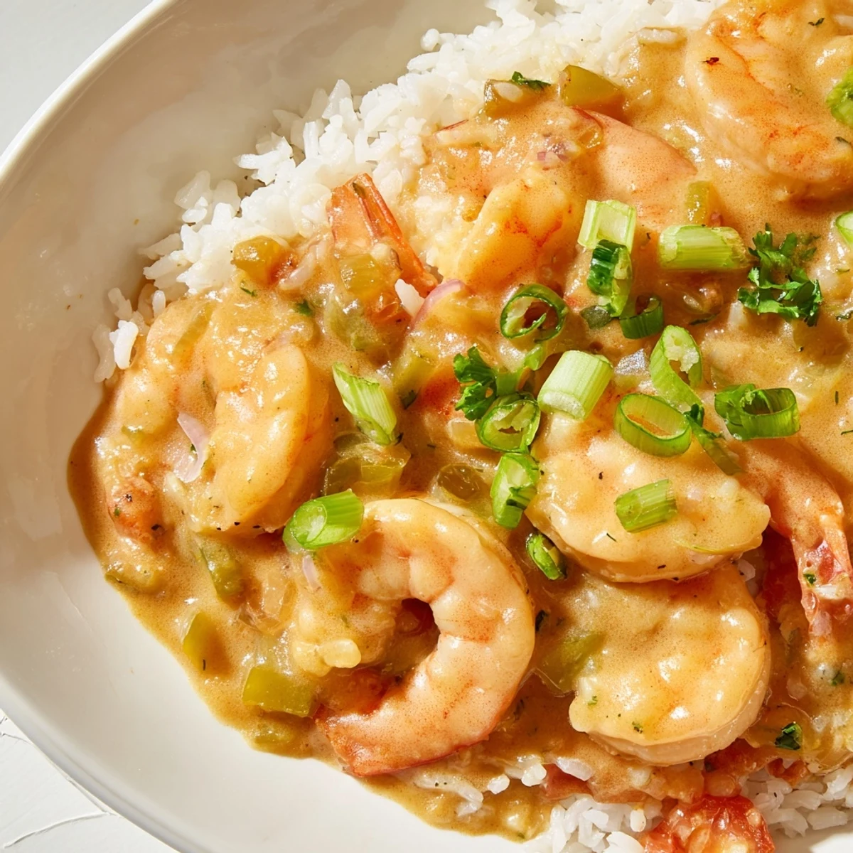 Steaming bowl of Creole Shrimp Étouffée served over fluffy white rice, garnished with fresh green onions and parsley.
