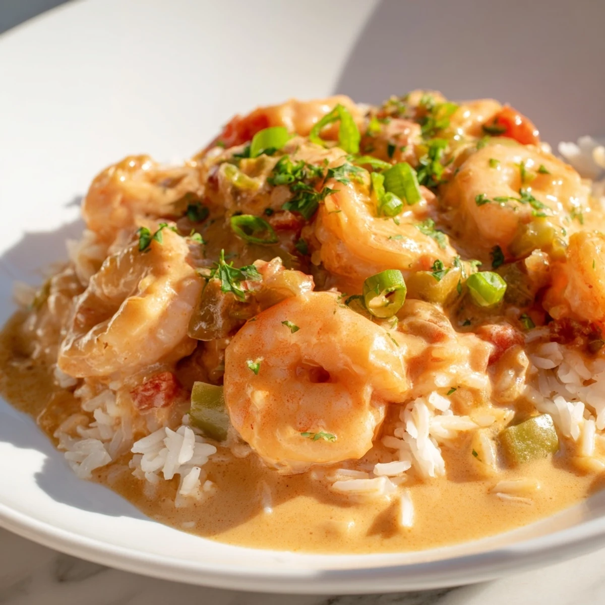 Hearty Creole Shrimp Étouffée ladled over fluffy white rice, featuring tender shrimp in a thick, flavorful roux-based sauce.
