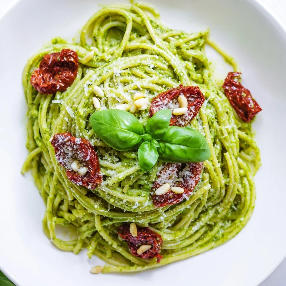 A close-up of Green Pesto Pasta with Sun-Dried Tomatoes garnished with fresh basil leaves, pine nuts, and grated Parmesan on a white plate.  