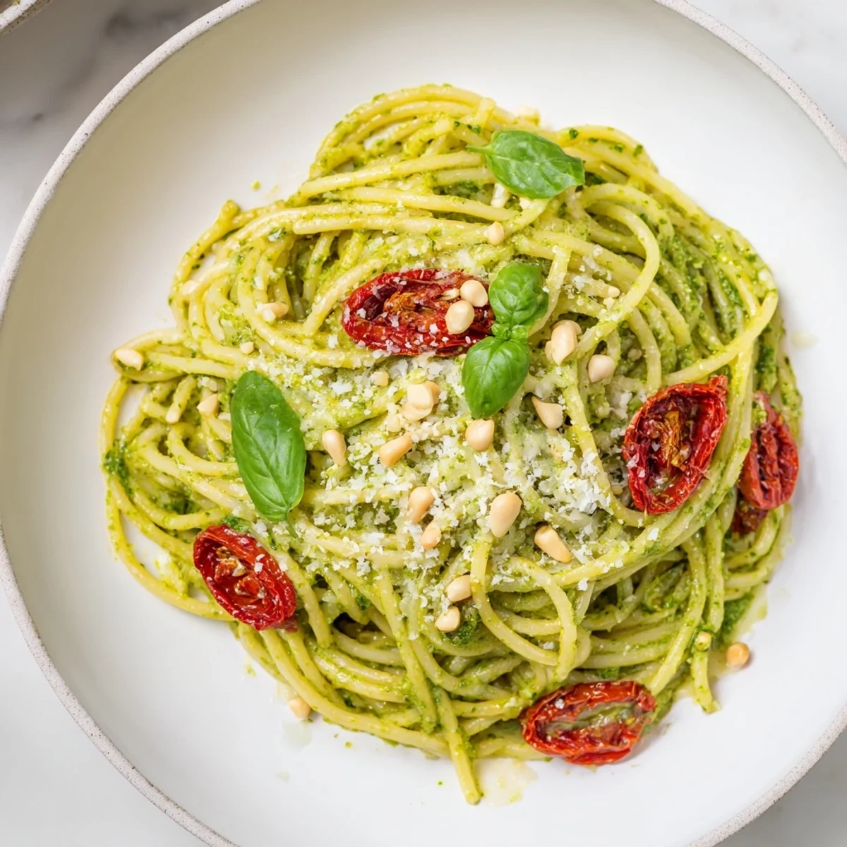 Serving Green Pesto Pasta with Sun-Dried Tomatoes in a warm bowl, topped with toasted pine nuts and fresh basil, ready for dinner.