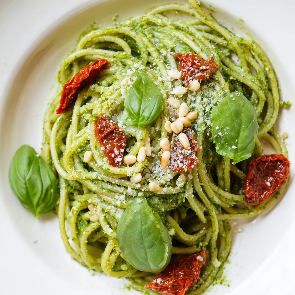 A fork twirling Green Pesto Pasta with Sun-Dried Tomatoes, showing glossy basil sauce and bright tomato pieces on a rustic wooden table.  