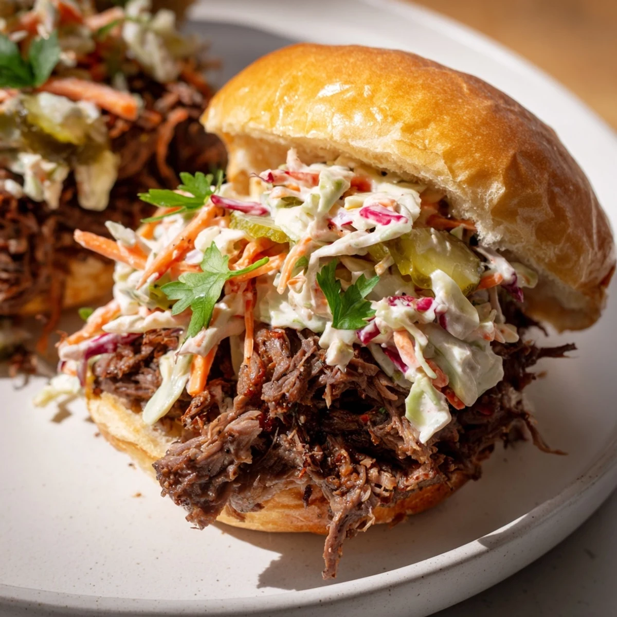 Tender slow-cooked beef brisket sliders loaded with crisp, creamy coleslaw on buttery toasted buns, perfect for feeding a hungry crowd.