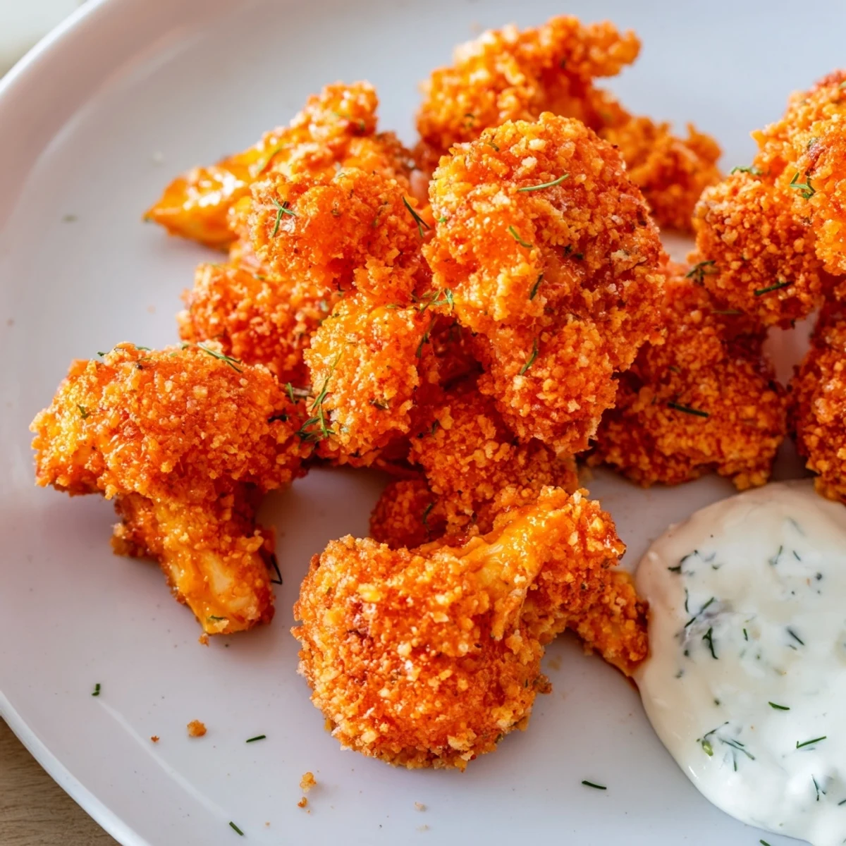 Freshly baked, spicy cauliflower florets tossed in tangy buffalo sauce and served with homemade ranch drizzle.
