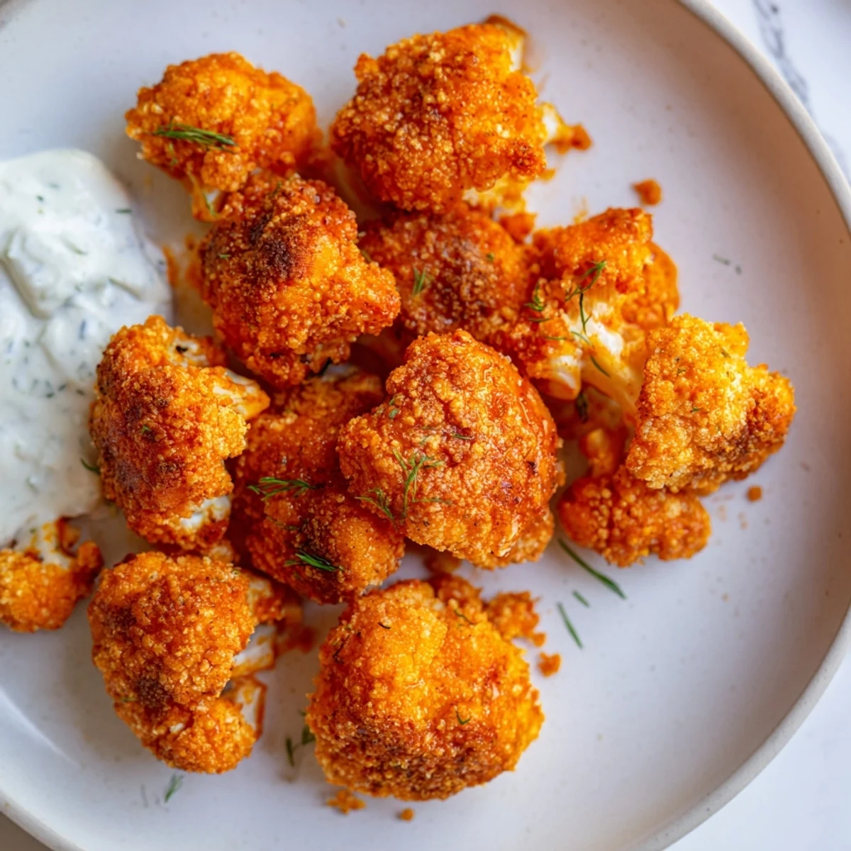 Golden, crispy Buffalo Cauliflower Bites arranged on a platter with a side of creamy ranch dressing for dipping.