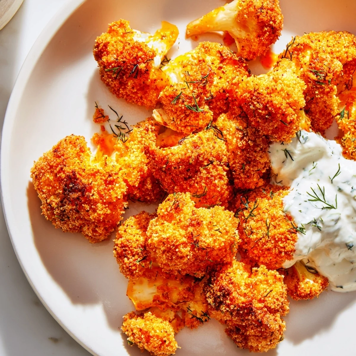 A close-up of crunchy Buffalo Cauliflower Bites with a cooling ranch dip, perfect for a game day snack.