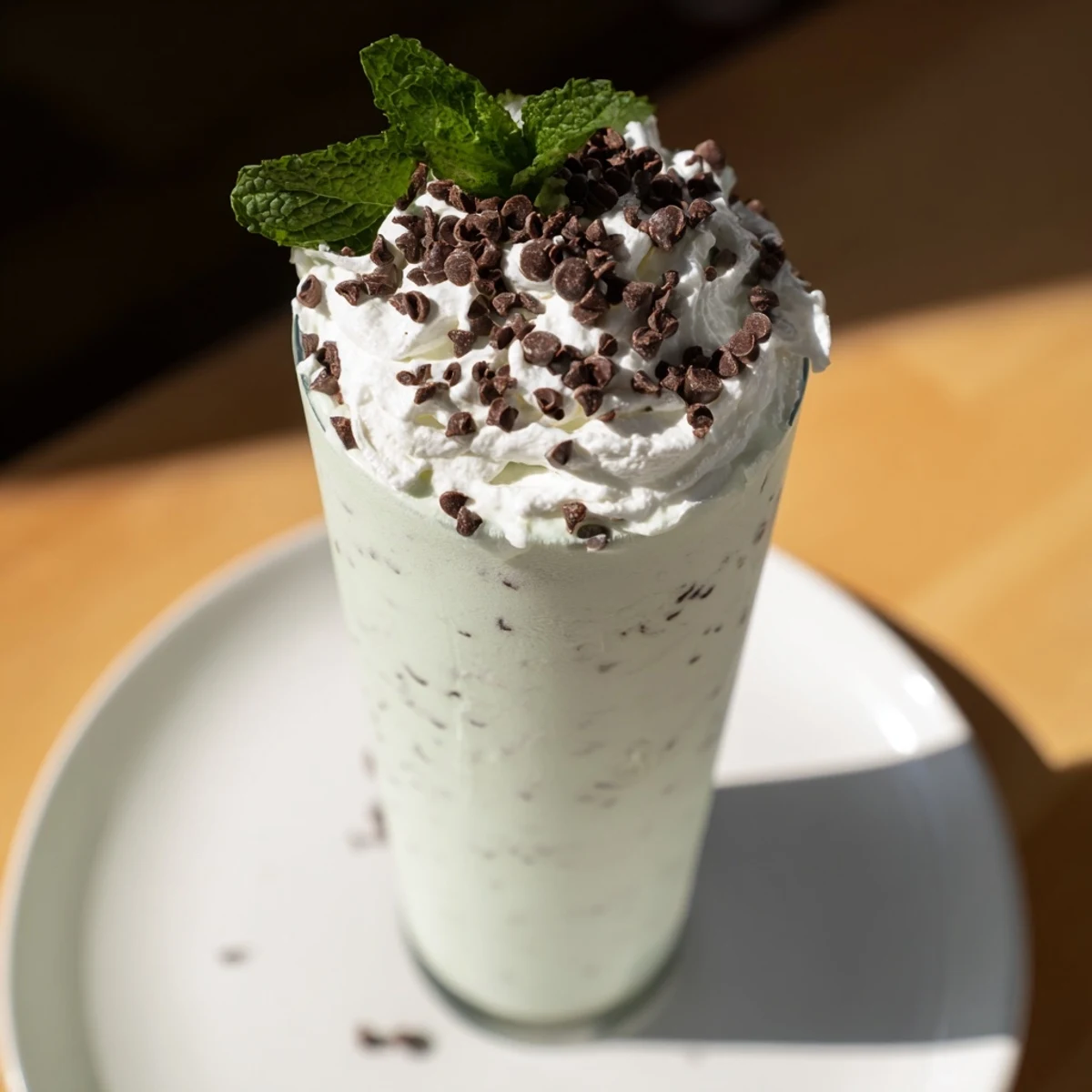 Two tall glasses of Mint Chocolate Chip Milkshake with Whipped Cream, garnished with fresh mint and chocolate chips.