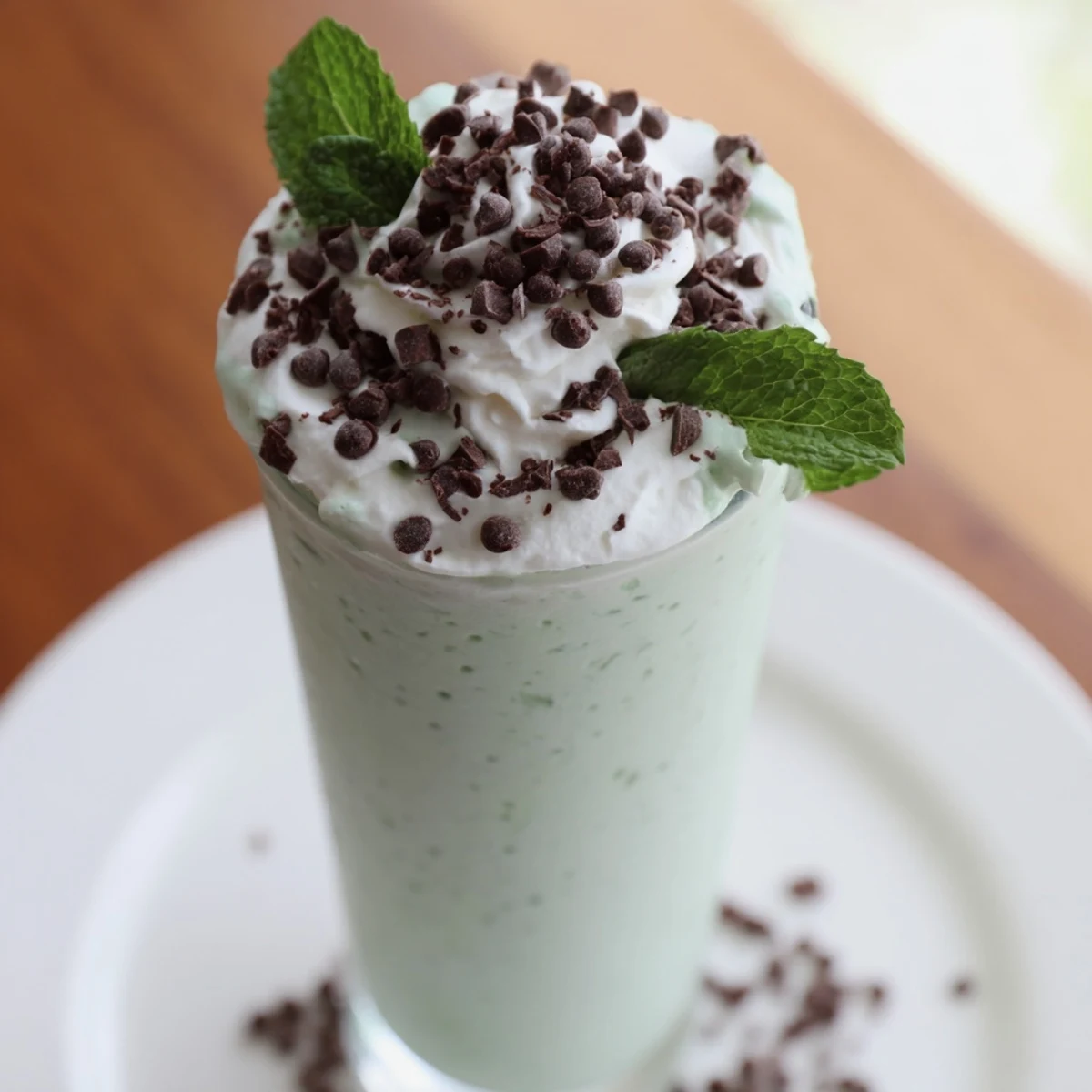 Homemade Mint Chocolate Chip Milkshake with Whipped Cream poured into a glass, featuring a vibrant green hue and chocolate flecks.